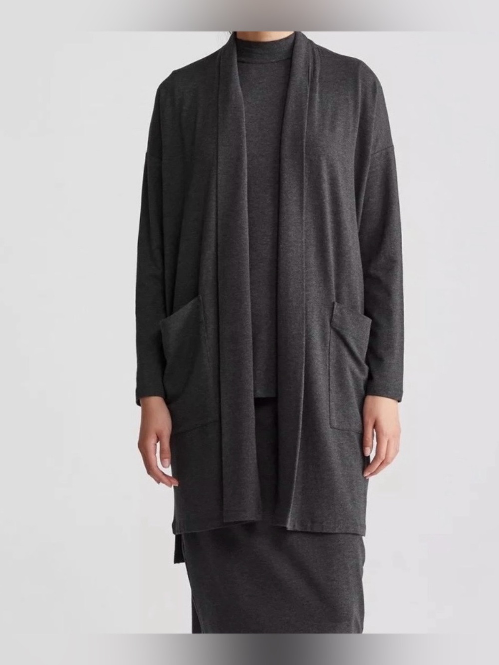 Eileen Fisher Women’s Ash Charcoal/Grey Open-Front Long Cardigan/Kimono Size M